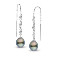 9.0-10.0 mm Tahitian Drop Pearl and Diamond Threader Earrings Yellow Gold