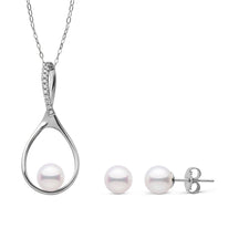 Wishbone Collection 6.5-7.0 mm Akoya Pearl and Diamond Pendant and Stud Earrings Set Yellow Gold