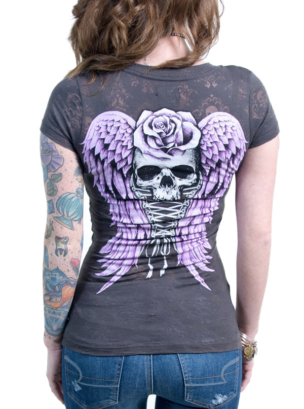 Women's Corset Winged Skull Burnout Tee by Lethal Angel - Inked Shop