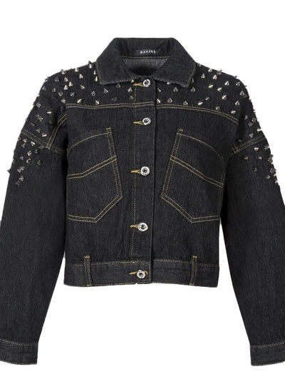 Women's Cropped Denim Studded Jacket by Pretty Attitude Clothing ...