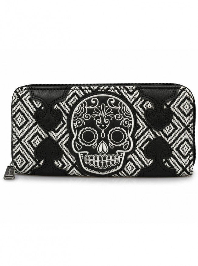 &quot;Sugar Skull&quot; Tweed Wallet by Loungefly (Black/White) - www.inkedshop.com