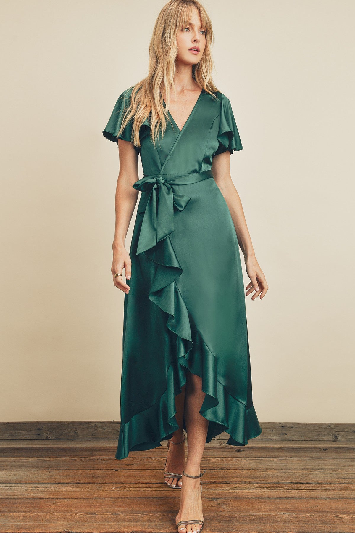 Kendra Satin Wrap Maxi Ruffle Dress - Emerald