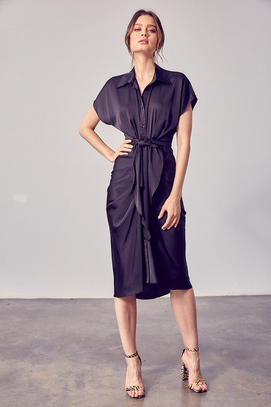 Mikaela Button Down Draped Wrap Dress - Black