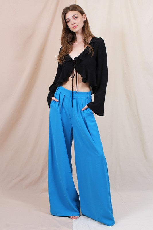 Tara Slouchy Pleated Trouser Wide Leg Pants - Cerulean