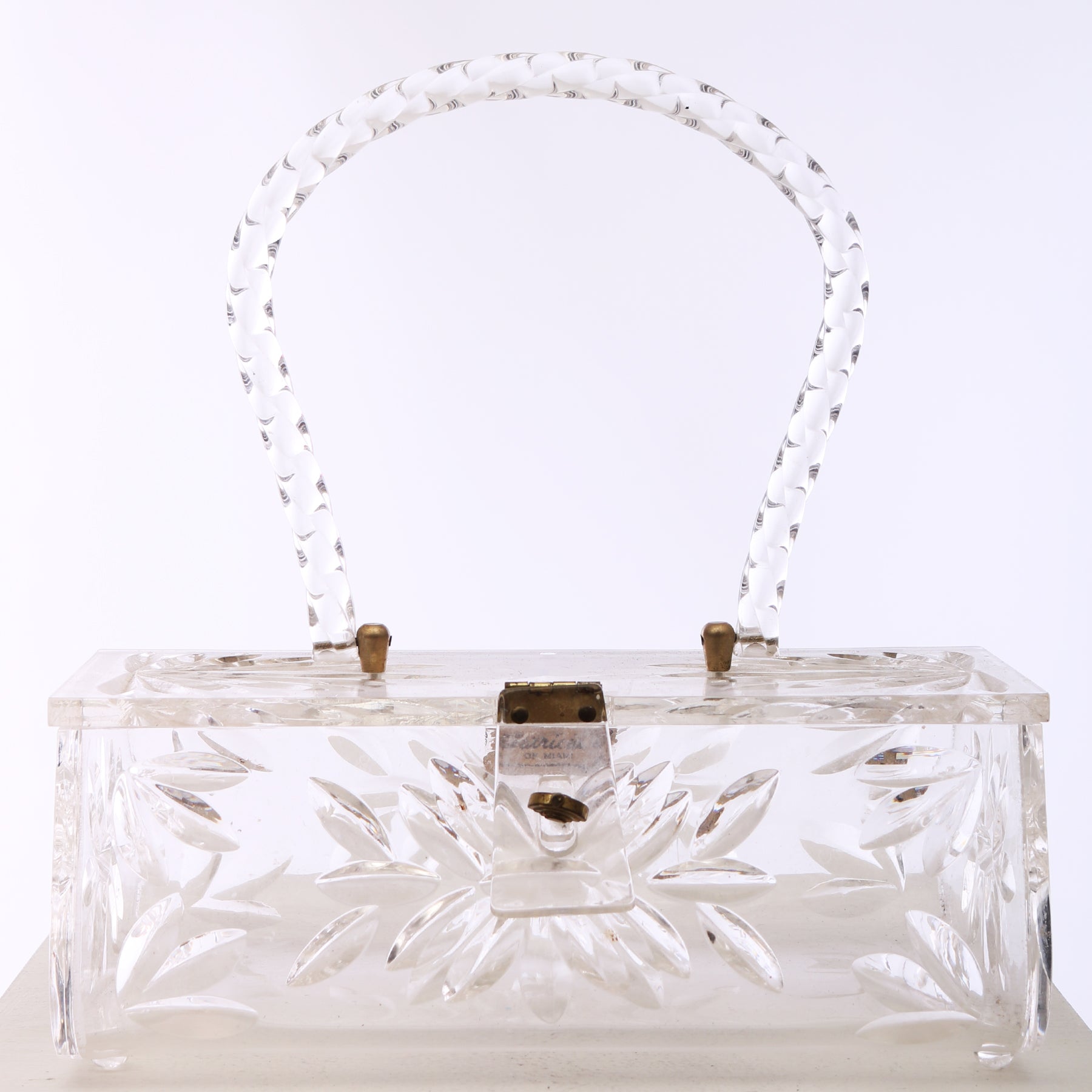 Vtg 1950s Clear Carved Lucite Box Bag