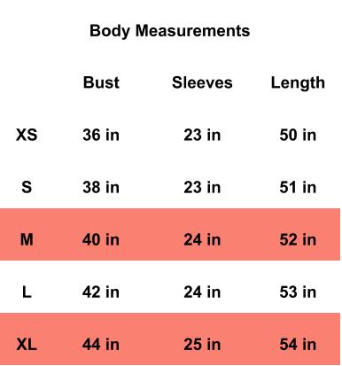 Size chart for Black/Teal Reversible Open Abaya