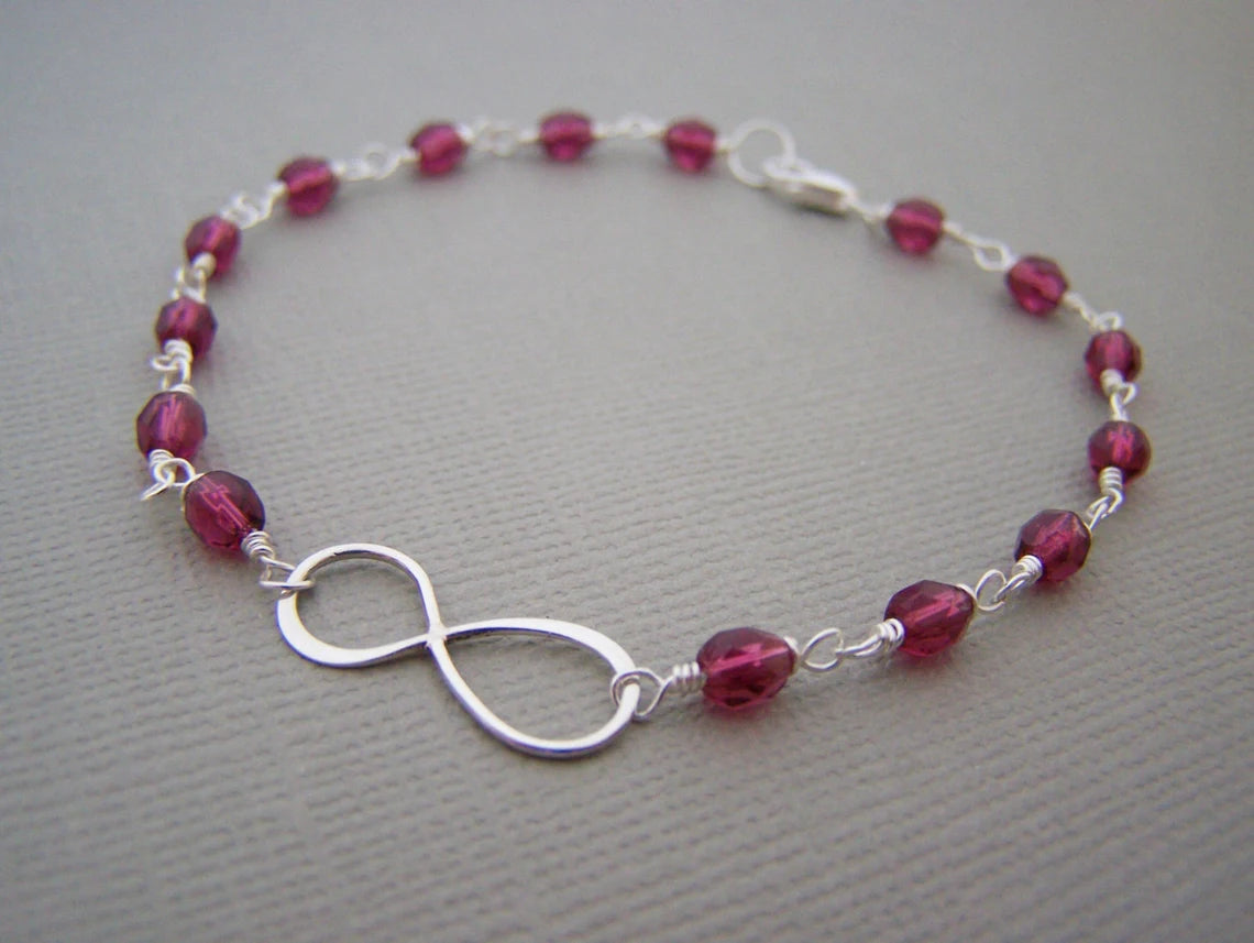 Fuchsia Czech Glass Sterling Silver Infinity Wire Wrapped Bracelet