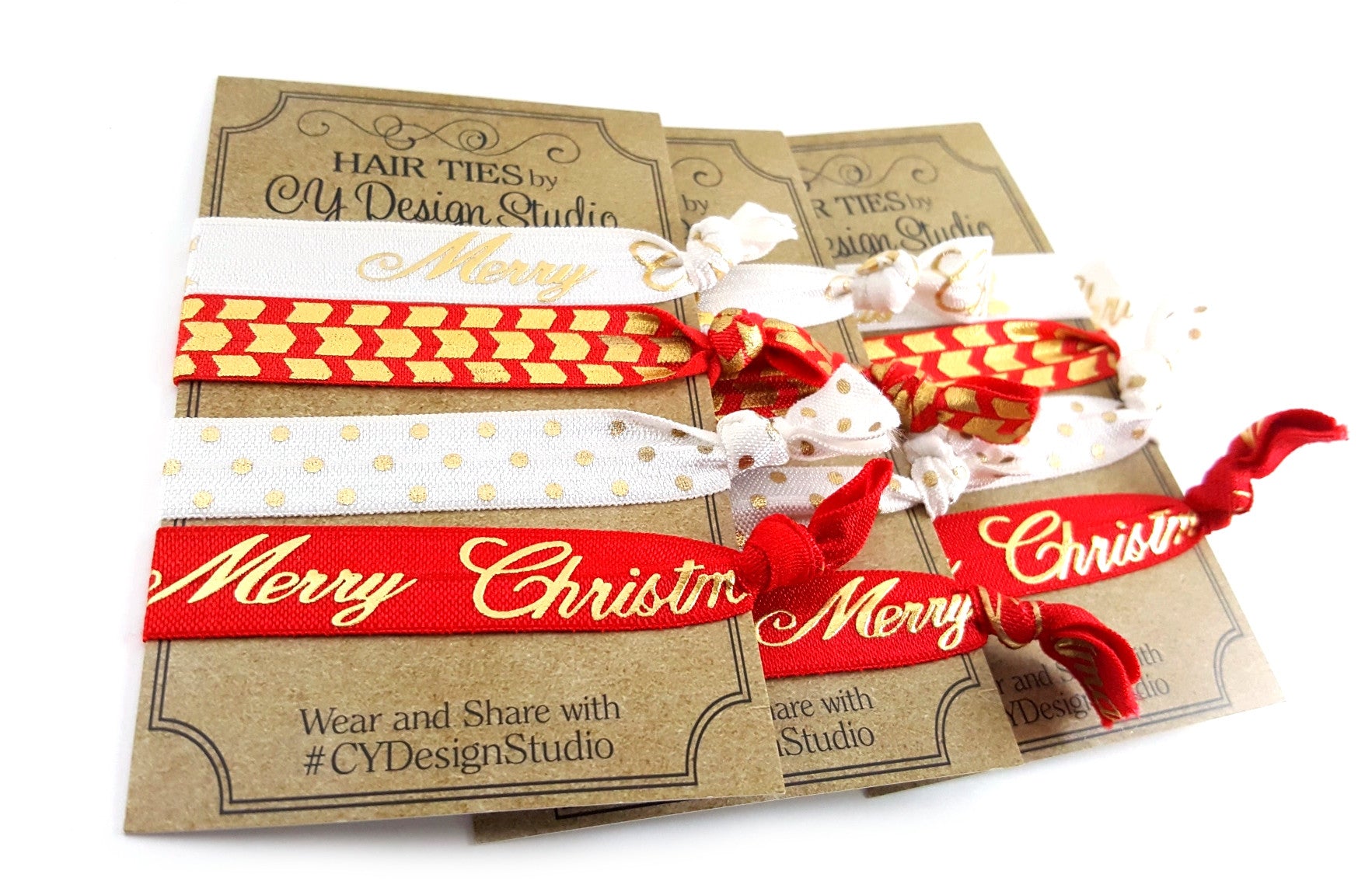 Christmas Holiday Gold Foil Hair Ties Set - Stocking Stuffer