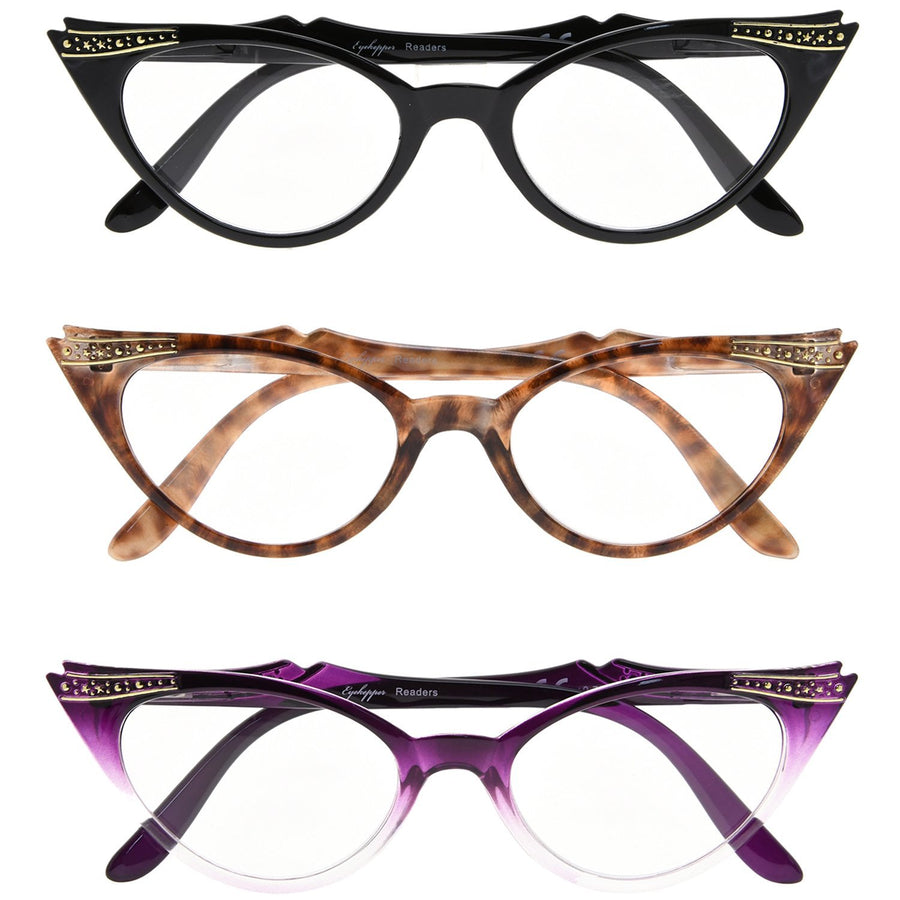 3 Pairs Reading Glasses Vintage Cat Eye Readers Women R914