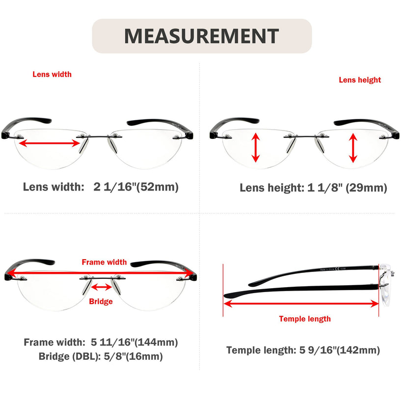 Reading Glasses Frameless Half Moon Women Men R2202-4pack