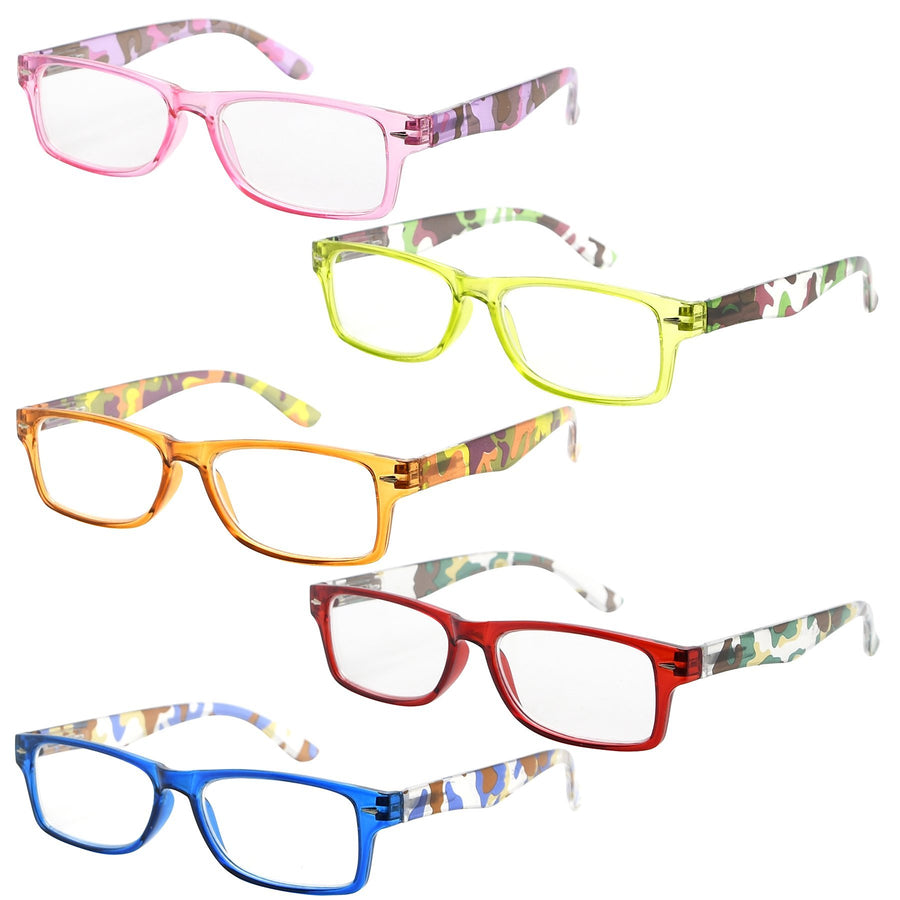 5 Pack Spring Hinges Camouflage Temples Reading Glasses Women