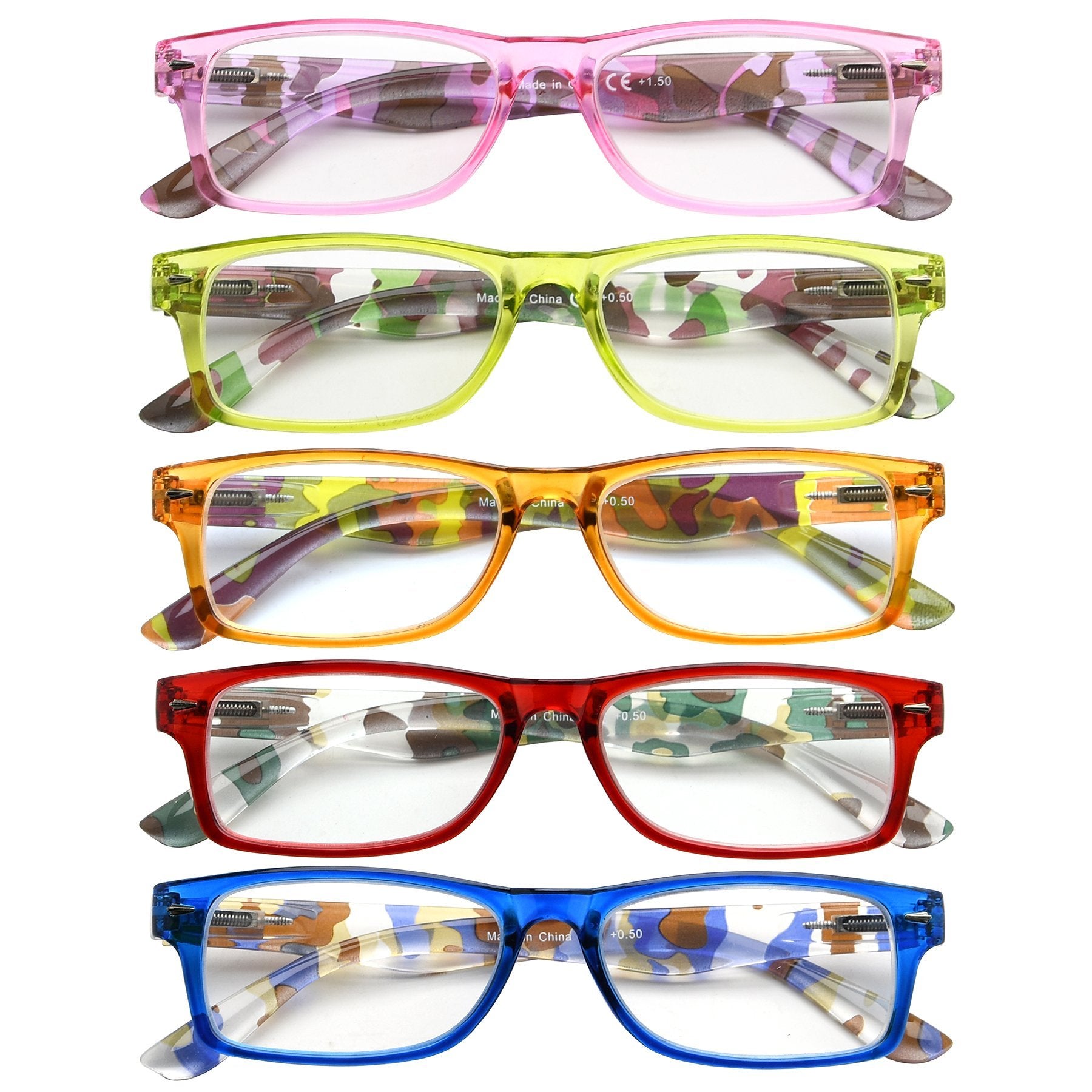 5 Pack Rectangle Reading Glasses Camouflage Temples Women