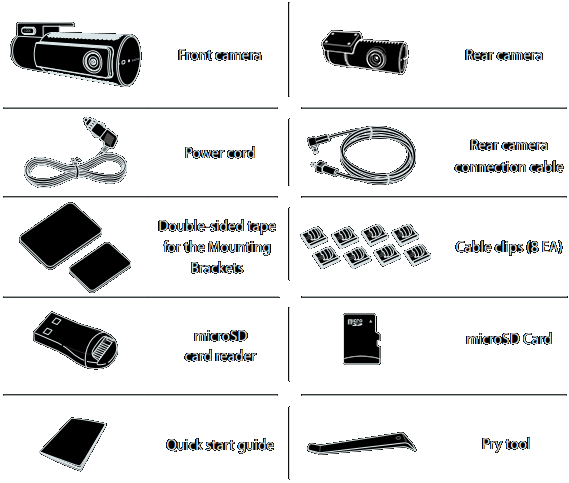 The package contains the front camera, rear camera, power cord, rear camera connection cable, miscroSD card, card reader, double-sided tape for the mounting brackets, cable clips, pry tool and quick start guide