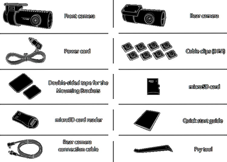 The package contains the front camera, rear camera, power cord, rear camera connection cable, miscroSD card, card reader, double-sided tape for the mounting brackets, cable clips, pry tool and quick start guide