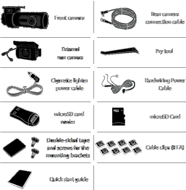 The package contains the front camera, external rear camera, power cord, 3-pin hardwire cable, 15-metre waterproof rear camera connection cable, 32GB miscroSD card, card reader, double-sided tape and screws, cable clips, pry tool and quick start guide