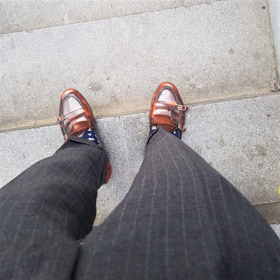 chalk stripe grey pant double monk brown leather shoes