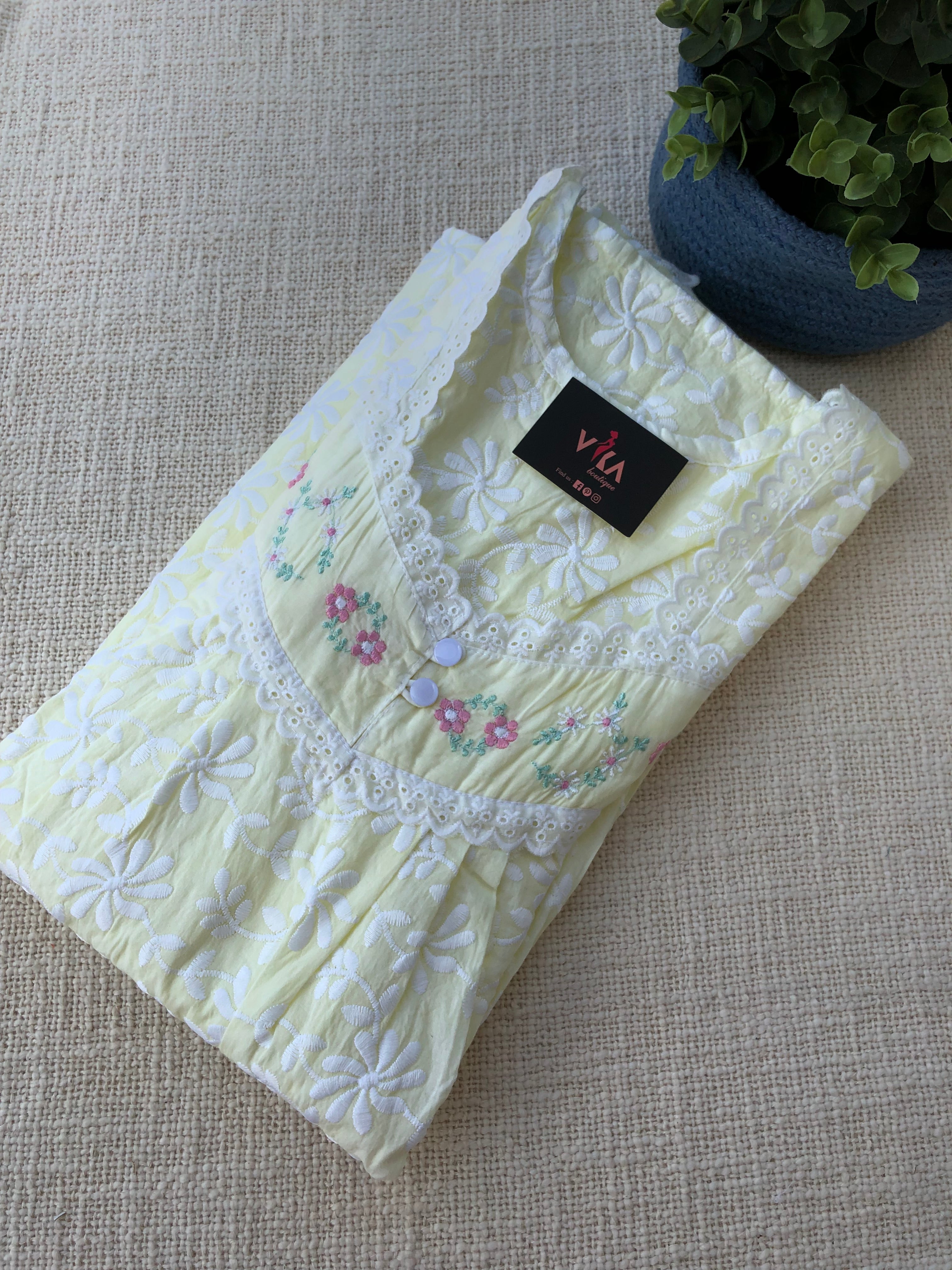 Yellow Premium cotton Embroidered nighty – VIKA Boutique