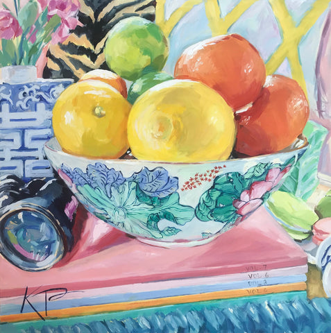 Southern Artist, Cold Fruit in a bowl acrylic painting with blues and greens, Artist is Kelly Pelfrey