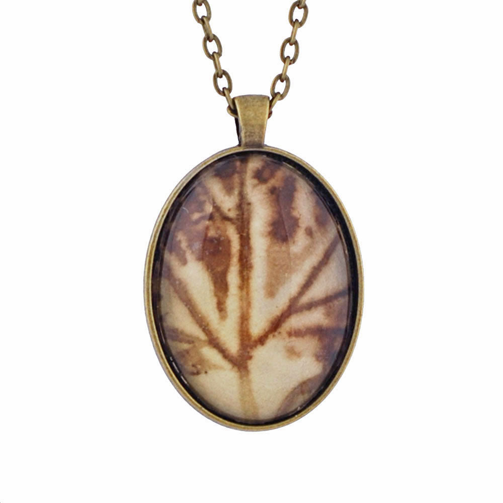 Leaf Print Necklace 14, glass cameo in vintage bronze setting ...