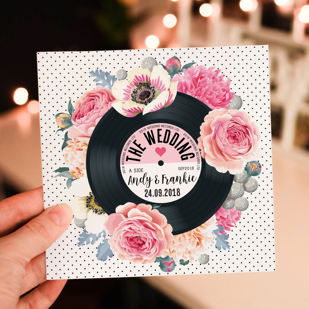 Floral Vinyl Record Inspired Wedding Invitations Pink – Love Me Do ...