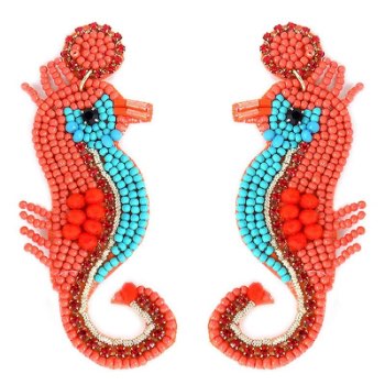Bejeweled coral and turquoise seed bead seahorse earrings
