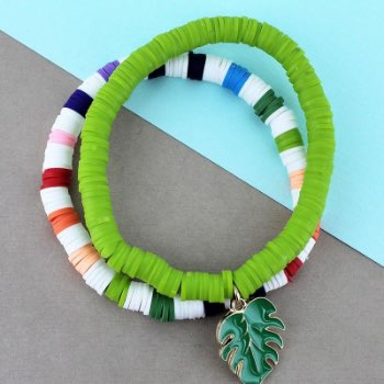 Palm leaf charm lime and rainbow stripe vinyl disk bracelet set