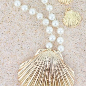 Goldtone clamshell pendant pearl necklace and earring set