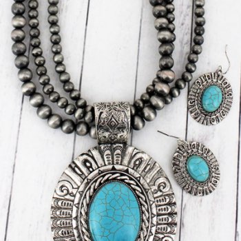 Silvertone and Turquoise Medallion Navajo Pearl Necklace and Earring Set
