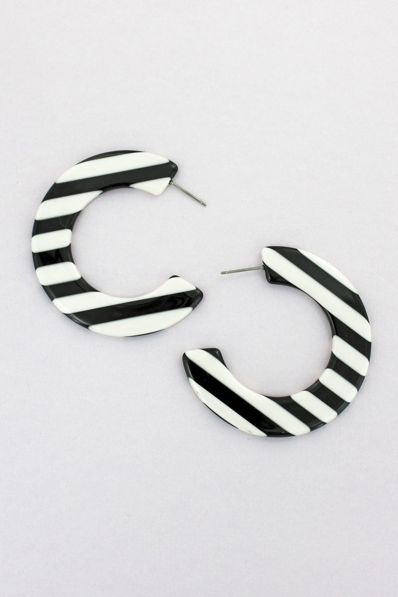 White Striped Flat C Hoop Earrings 
