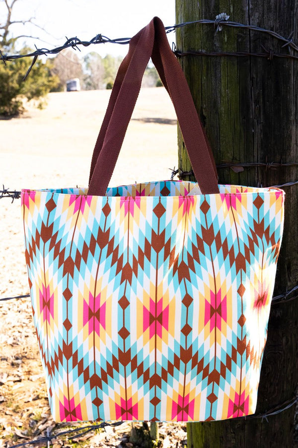 Brown Khaki Crosshatch and Brown Center Stripe Tote