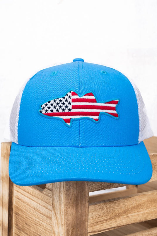 Neon Blue and White USA Fish Flag Mesh Cap | Wholesale Accessory Market