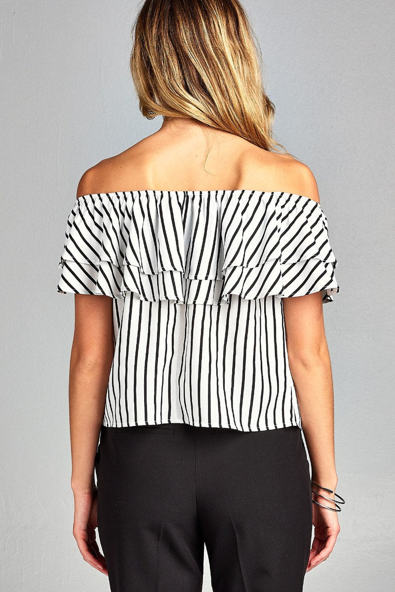 Ladies fashion double ruffled flounce off the shoulder stripe print woven top-Off White/Black-S-MY UPSCALE STORE