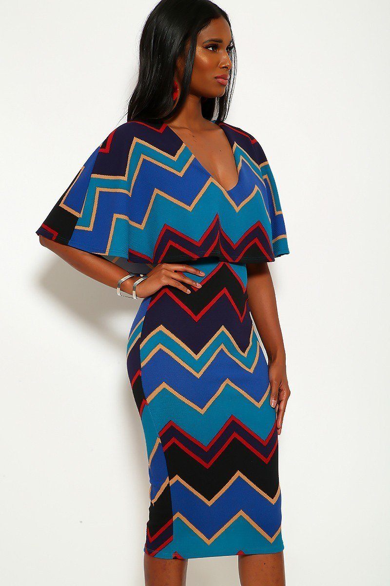 Chevron Print Midi Dress With Over The Shoulder Ruffle And V-neck