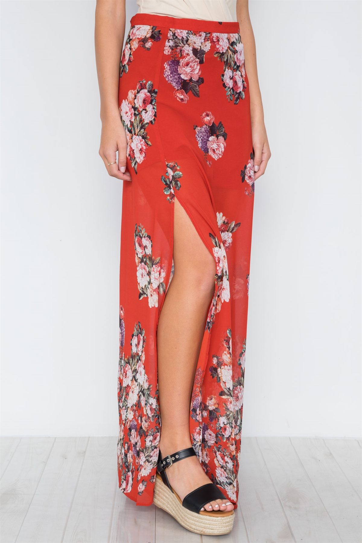 Red Multi Floral Print Side Slits High-waist Maxi Skirt