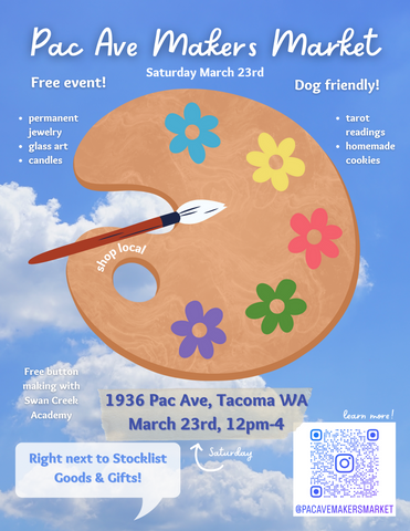 Poster for Pac Ave Makers Market includes a paint palette with flowers of each primary color as the paint splotches and a white paint brush on a blue sky cloud background with market info in the sides