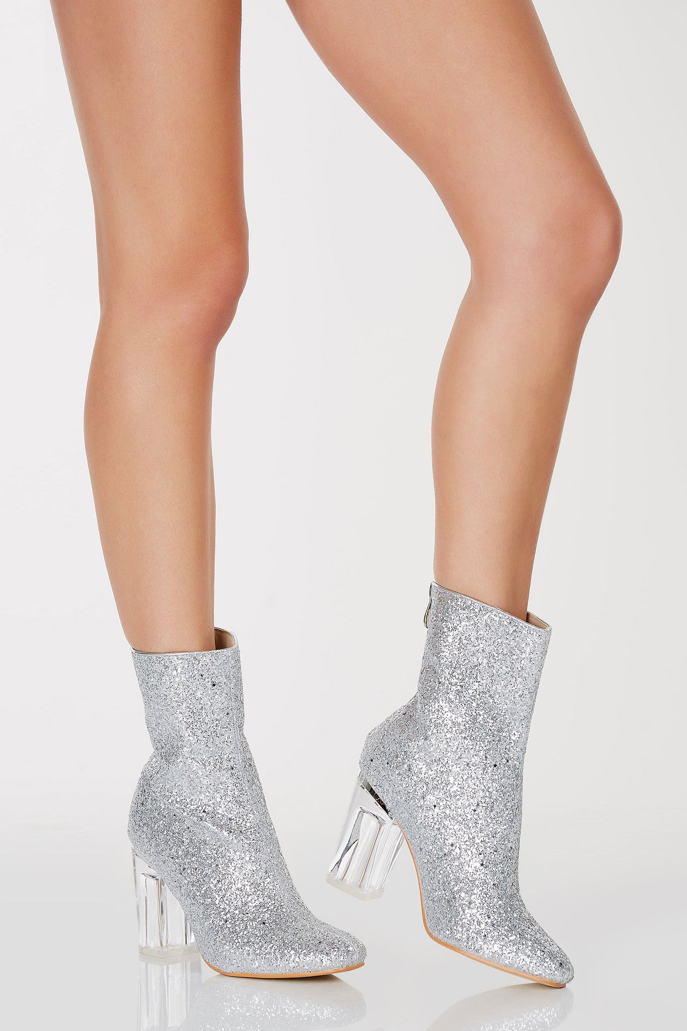 /Above the ankle/Squared off toe/Back zip closure/Clear block heels/Glitter finish exterior