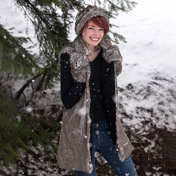 Long Reversible Mandarin Vest in Arctic Fox Faux Fur with a Matching Headband and Mittens handmade in Seattle WA by Pandemonium Millinery