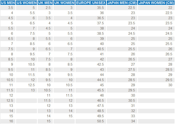 brooks running shoes size chart