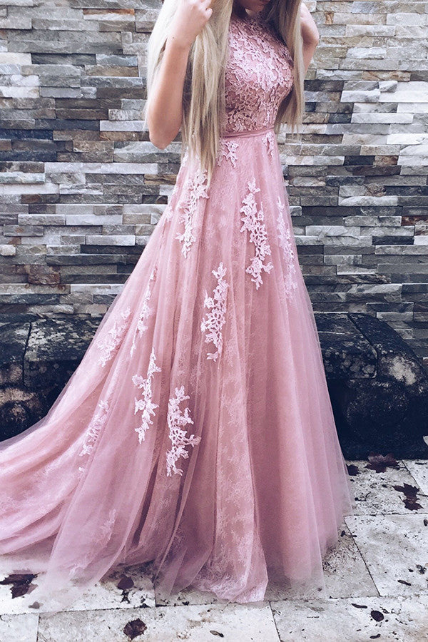 pink lace formal dress