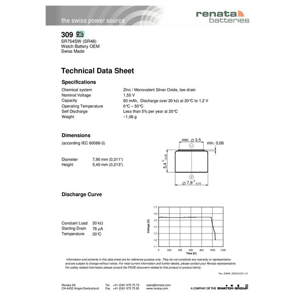 Renata 309 Watch Battery Cross Reference Guide