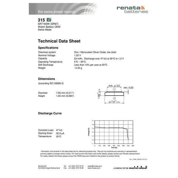 Renata 315 Watch Battery Cross Reference Guide Chart