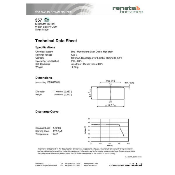 Renata 357 Watch Battery Specification