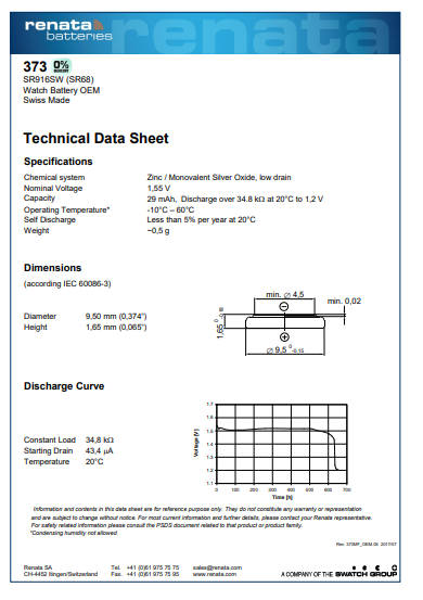Renata 373 Watch Battery Specification