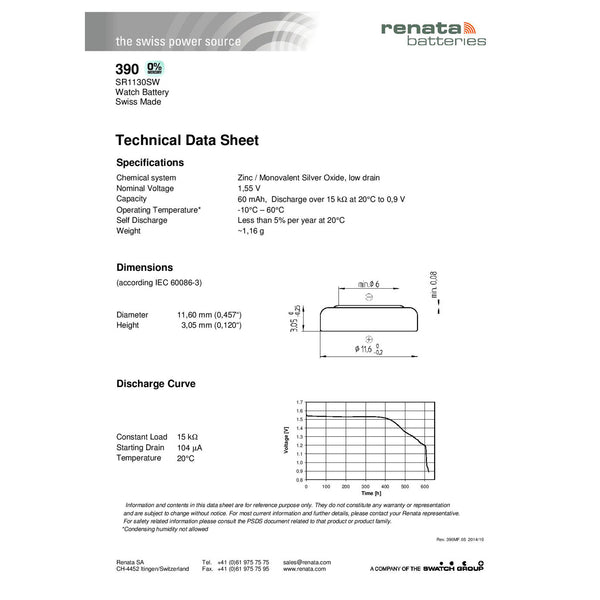 Renata 390 Watch Battery Specification