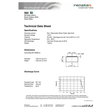 2x Renata 392 SR736SW Watch Battery Cross Reference Guide