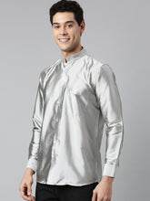 Load image into Gallery viewer, Silver Color Art Silk Slim Fit Solid Party Shirt
