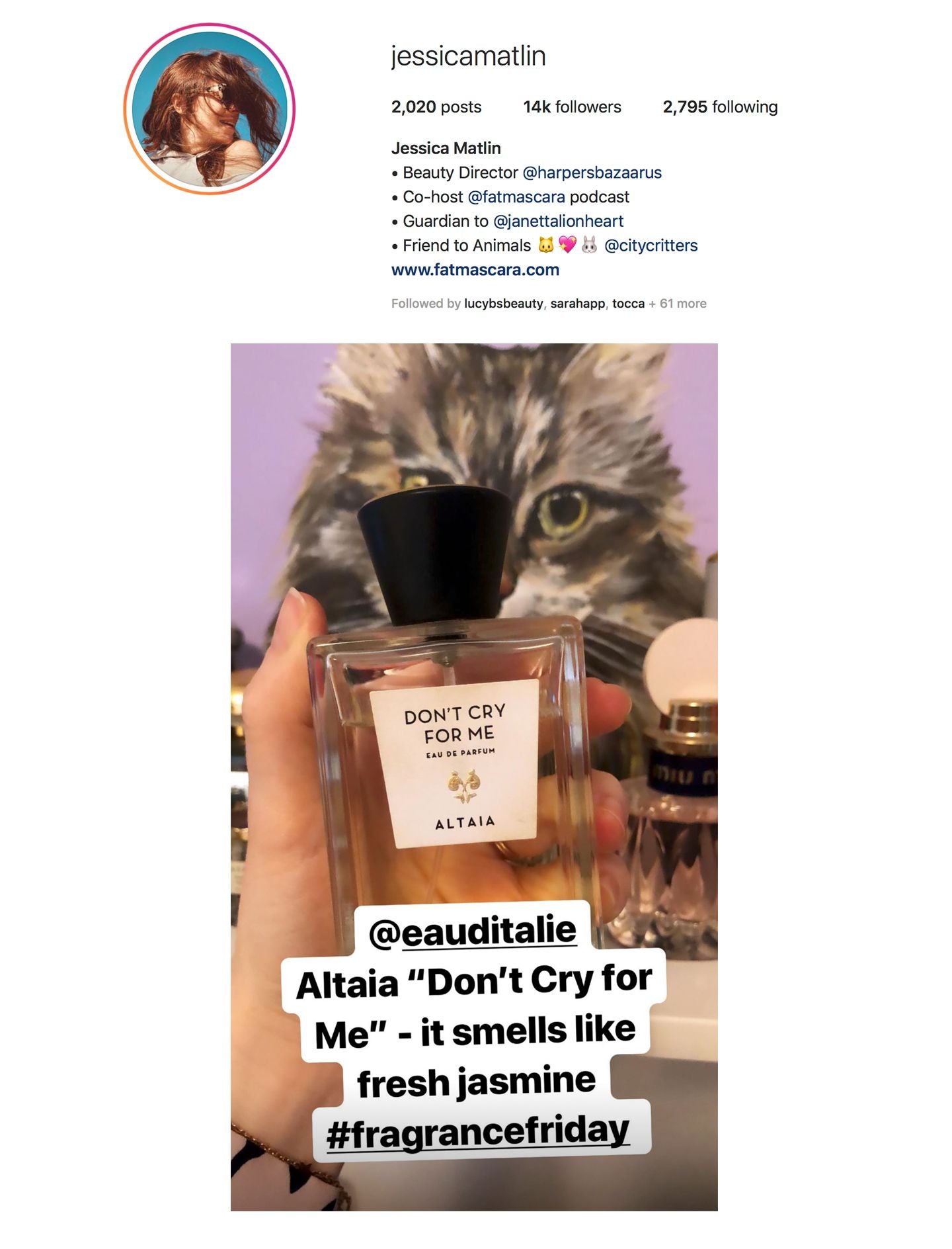 ALTAIA Don't Cry For Me Eau de Parfum on Jessica Matlin (IG Story