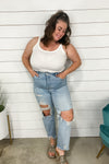 The Drew's-  Light Wash High Rise Straight Leg Jeans w/ Ripped Knees