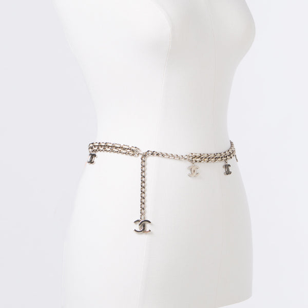 Chanel Letter Chain Belt CC Charm Silver & Leather