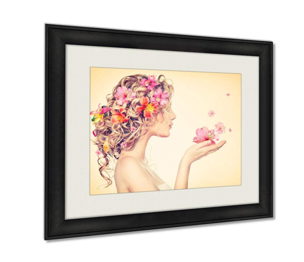 Framed Print Beauty Girl Takes Beautiful Flowers In Her Hands Blowing Ashley Art Studio